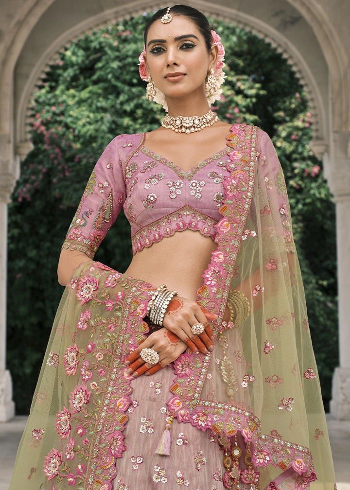 Pink & Green Banarasi Silk Lehenga with Stone, Sequins, Mirror & Zari Handwork