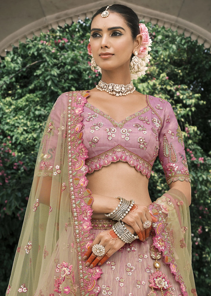 Pink & Green Banarasi Silk Lehenga with Stone, Sequins, Mirror & Zari Handwork