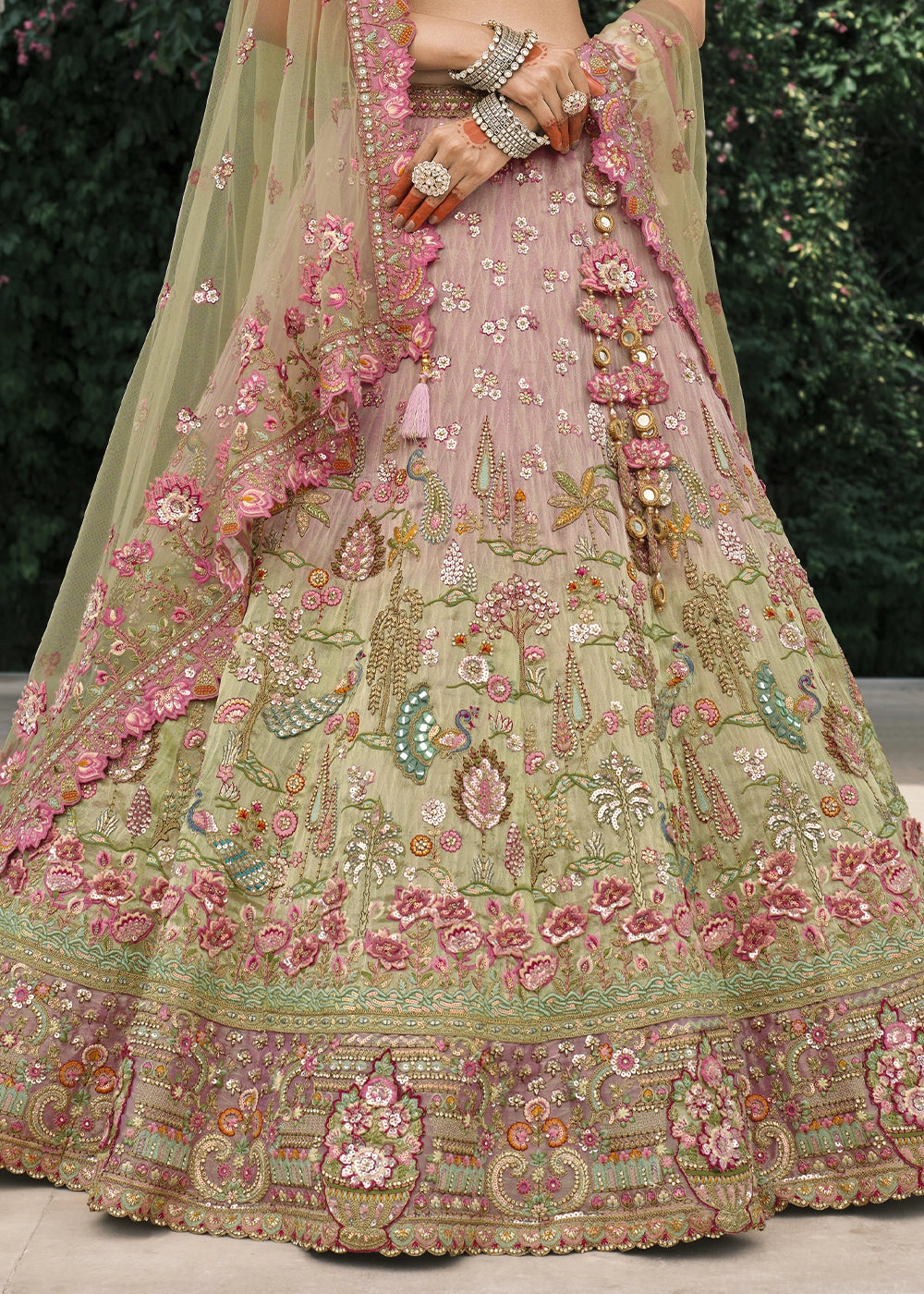Pink & Green Banarasi Silk Lehenga with Stone, Sequins, Mirror & Zari Handwork
