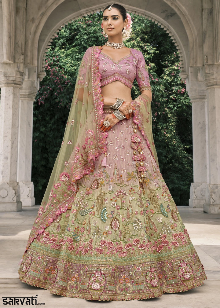 Pink & Green Banarasi Silk Lehenga with Stone, Sequins, Mirror & Zari Handwork