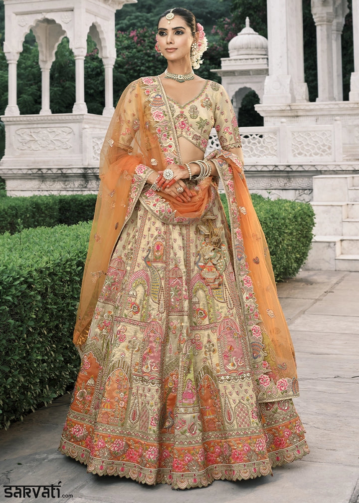 Cream White Banarasi Silk Lehenga with Stone, Sequins, Mirror & Zari Handwork