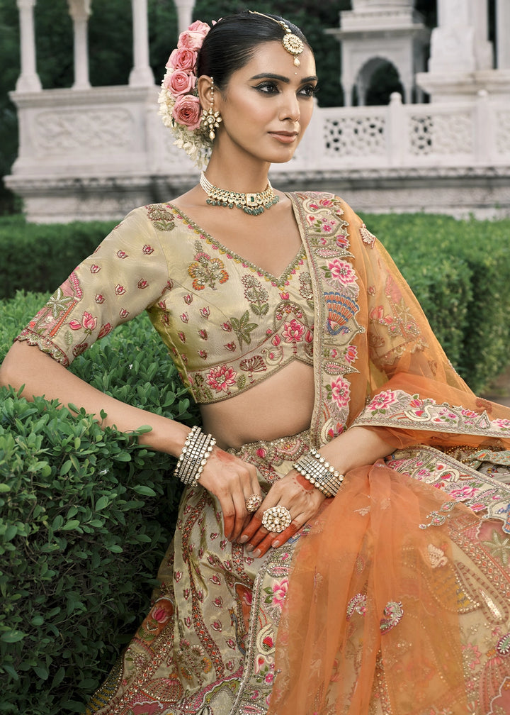 Cream White Banarasi Silk Lehenga with Stone, Sequins, Mirror & Zari Handwork