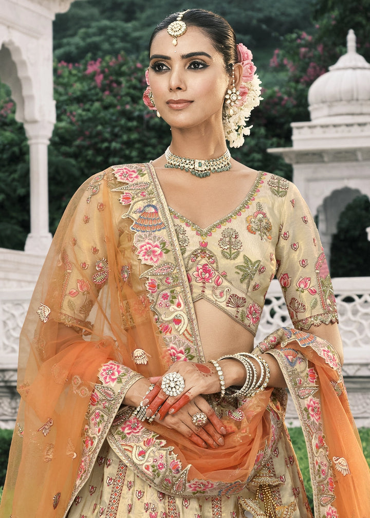 Cream White Banarasi Silk Lehenga with Stone, Sequins, Mirror & Zari Handwork