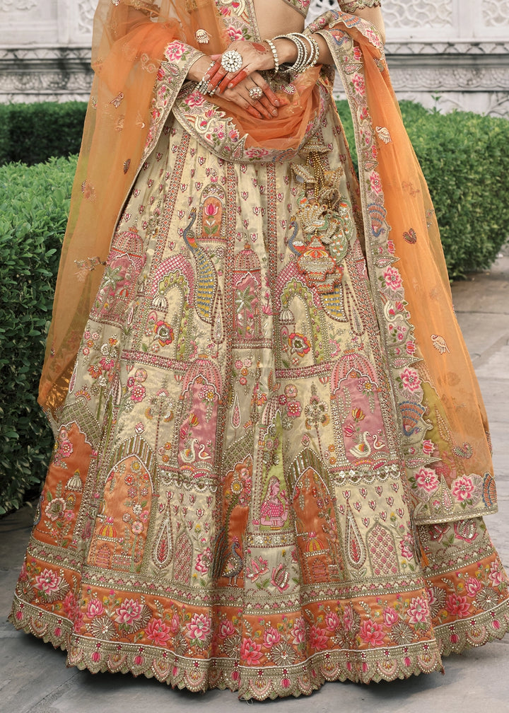 Cream White Banarasi Silk Lehenga with Stone, Sequins, Mirror & Zari Handwork