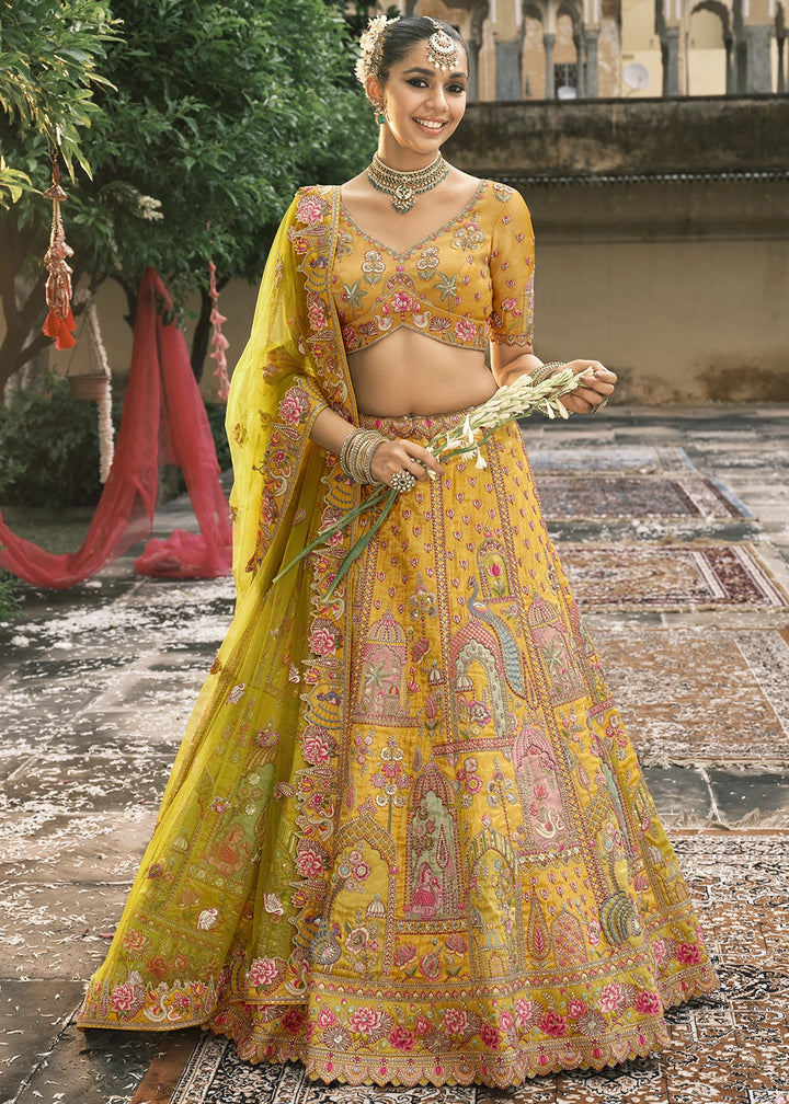 Saffron Yellow Banarasi Silk Lehenga with Stone, Sequins, Mirror & Zari Handwork