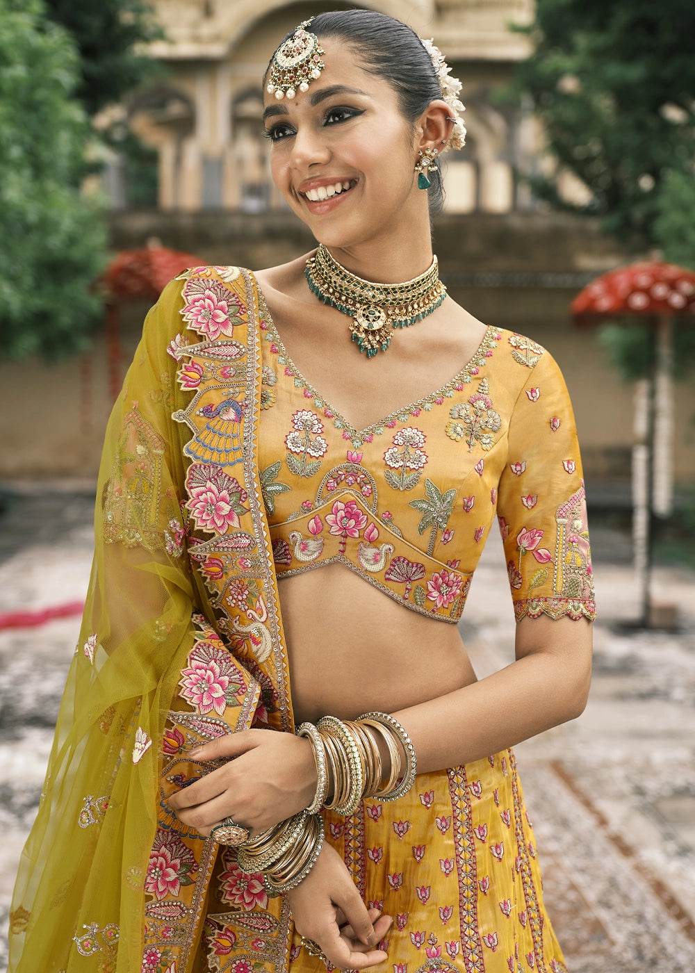 Saffron Yellow Banarasi Silk Lehenga with Stone, Sequins, Mirror & Zari Handwork