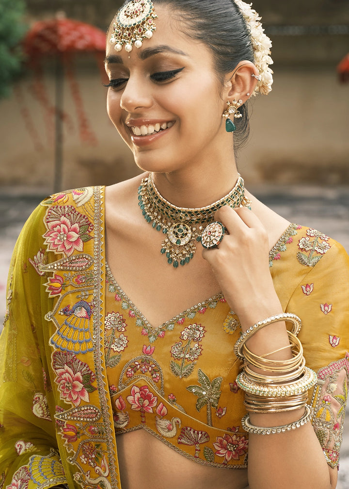 Saffron Yellow Banarasi Silk Lehenga with Stone, Sequins, Mirror & Zari Handwork