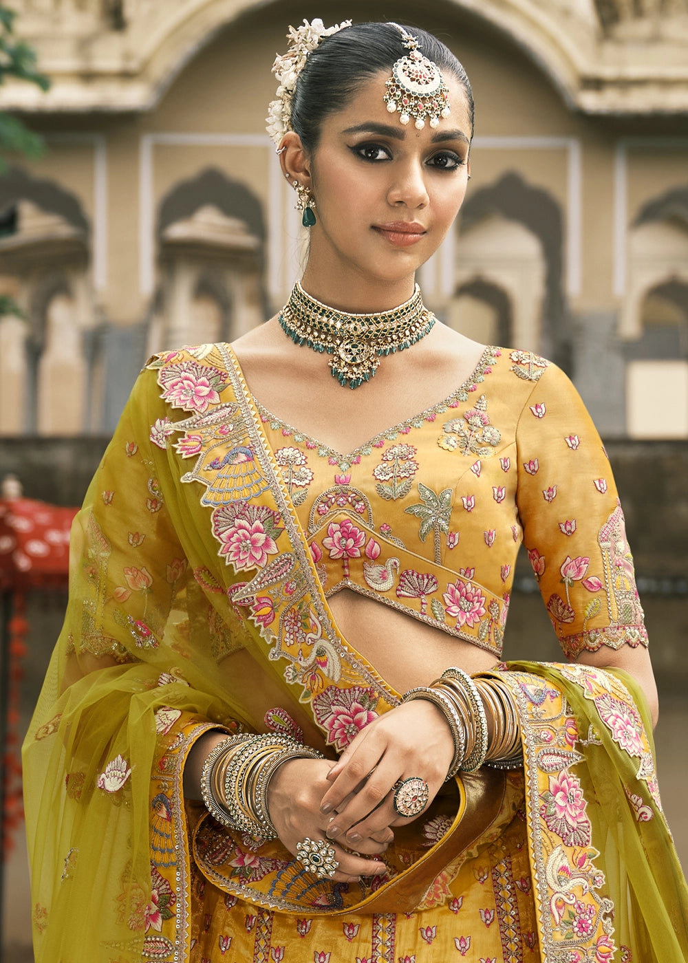 Saffron Yellow Banarasi Silk Lehenga with Stone, Sequins, Mirror & Zari Handwork