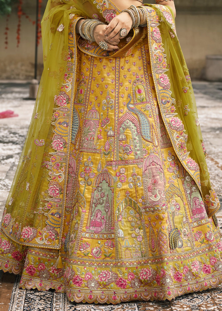 Saffron Yellow Banarasi Silk Lehenga with Stone, Sequins, Mirror & Zari Handwork