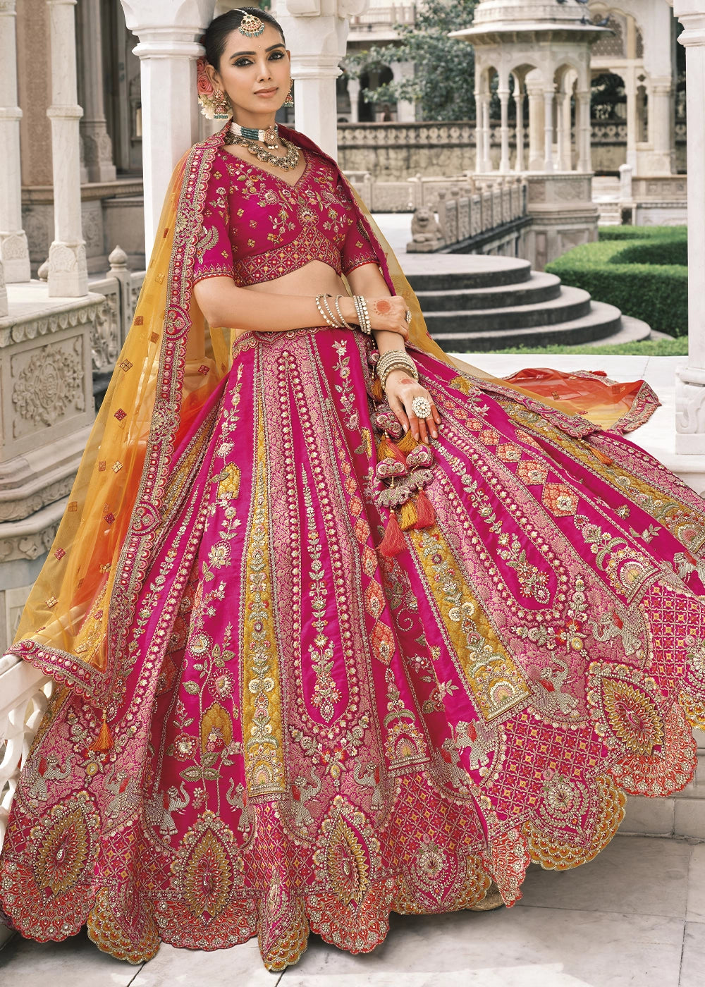 Magenta Pink Banarasi Silk Lehenga with Stone, Sequins, Mirror & Zari Handwork