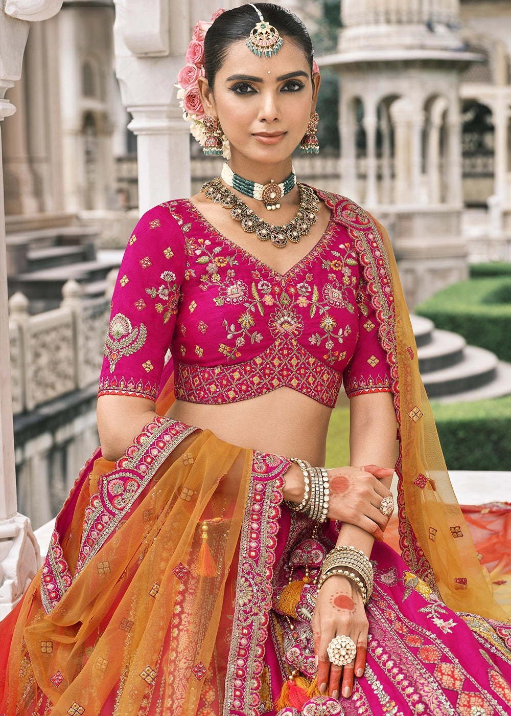 Magenta Pink Banarasi Silk Lehenga with Stone, Sequins, Mirror & Zari Handwork