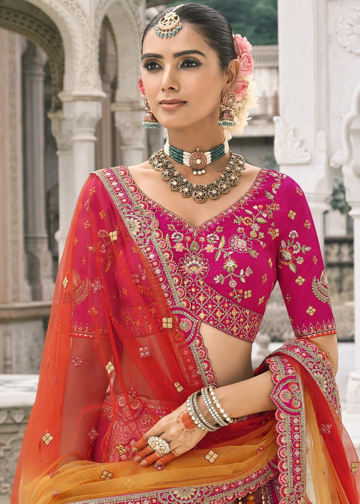 Magenta Pink Banarasi Silk Lehenga with Stone, Sequins, Mirror & Zari Handwork