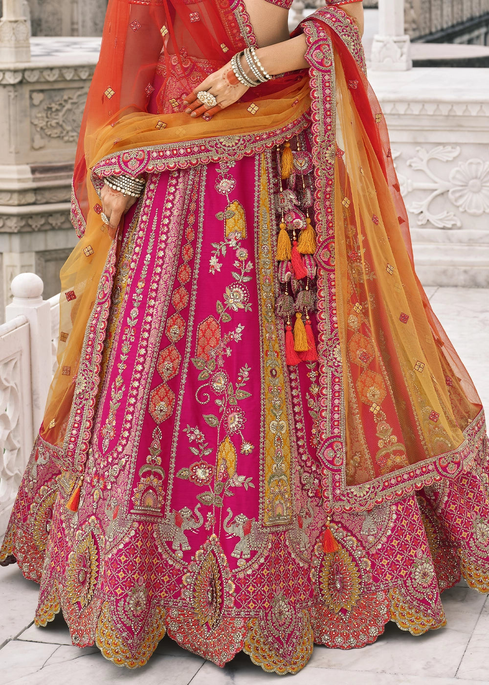 Magenta Pink Banarasi Silk Lehenga with Stone, Sequins, Mirror & Zari Handwork