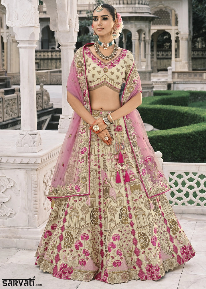 White & Pink Banarasi Silk Lehenga with Stone, Sequins, Mirror & Zari Handwork