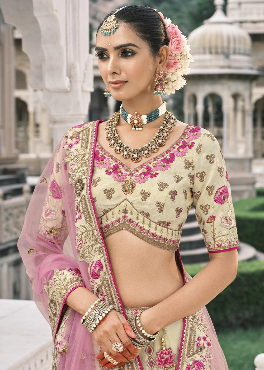 White & Pink Banarasi Silk Lehenga with Stone, Sequins, Mirror & Zari Handwork