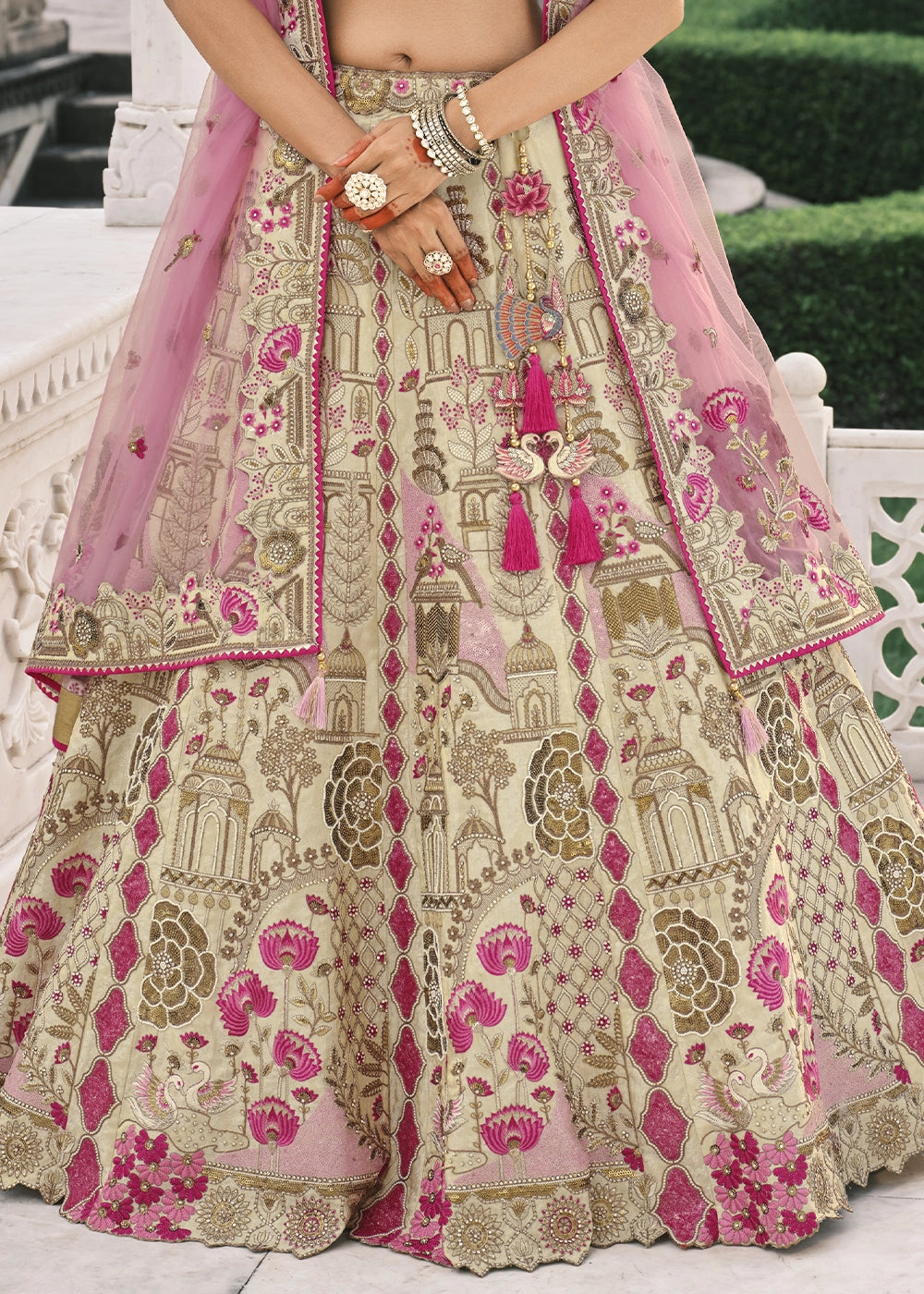 White & Pink Banarasi Silk Lehenga with Stone, Sequins, Mirror & Zari Handwork