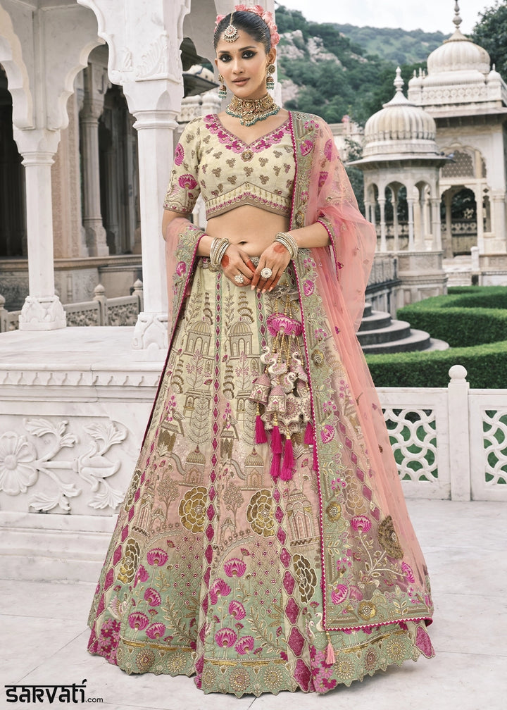 White & Blue Banarasi Silk Lehenga with Stone, Sequins, Mirror & Zari Handwork