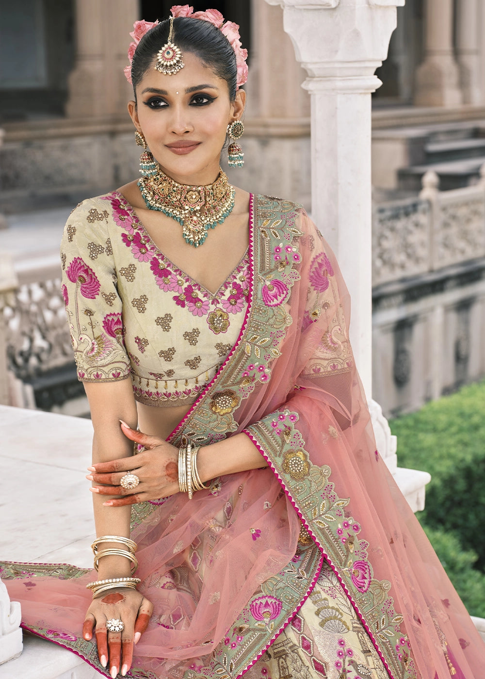 White & Blue Banarasi Silk Lehenga with Stone, Sequins, Mirror & Zari Handwork