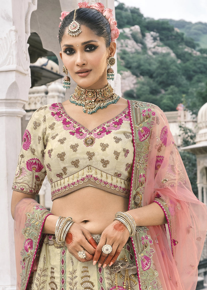White & Blue Banarasi Silk Lehenga with Stone, Sequins, Mirror & Zari Handwork
