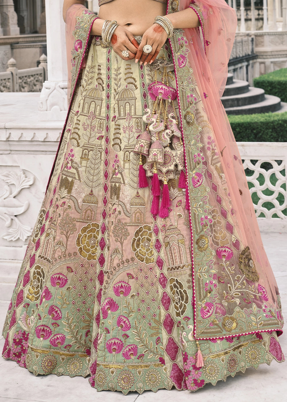 White & Blue Banarasi Silk Lehenga with Stone, Sequins, Mirror & Zari Handwork