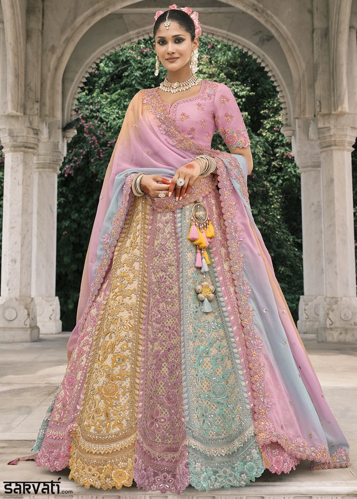 Pink & Blue Banarasi Silk Lehenga with Stone, Sequins, Mirror & Zari Handwork