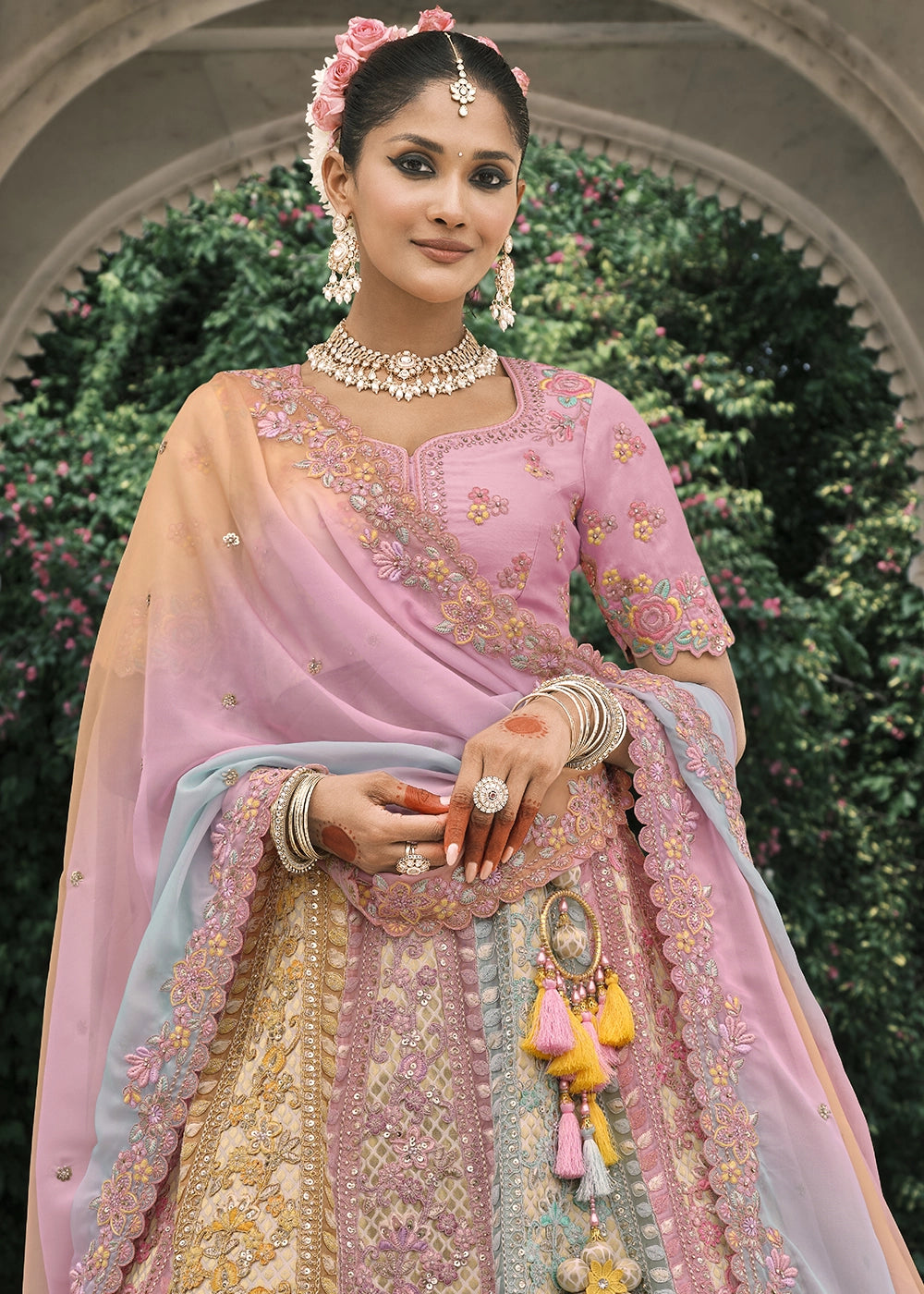 Pink & Blue Banarasi Silk Lehenga with Stone, Sequins, Mirror & Zari Handwork