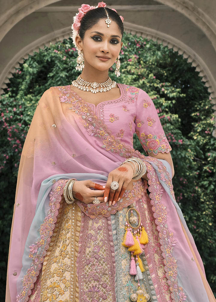 Pink & Blue Banarasi Silk Lehenga with Stone, Sequins, Mirror & Zari Handwork