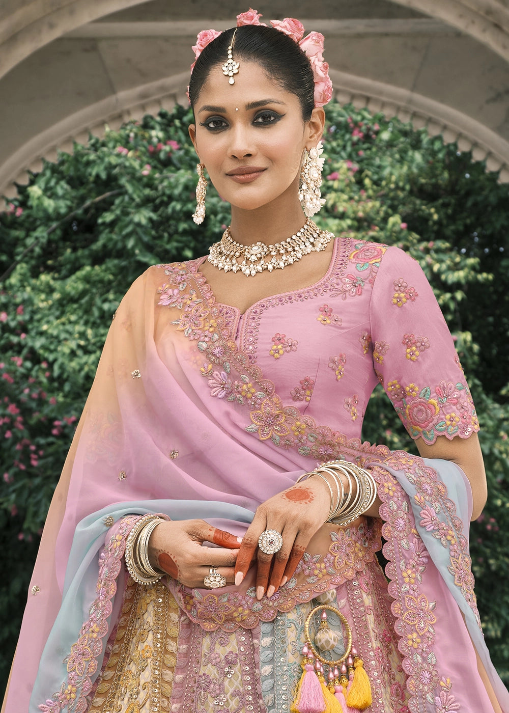Pink & Blue Banarasi Silk Lehenga with Stone, Sequins, Mirror & Zari Handwork