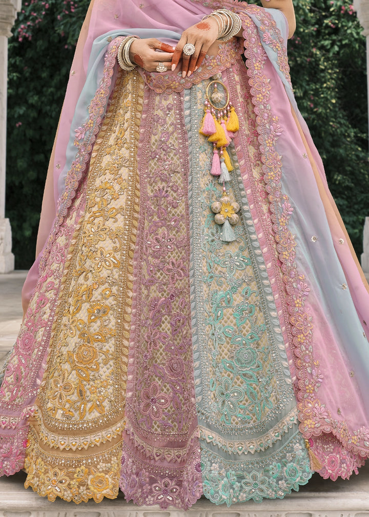 Pink & Blue Banarasi Silk Lehenga with Stone, Sequins, Mirror & Zari Handwork