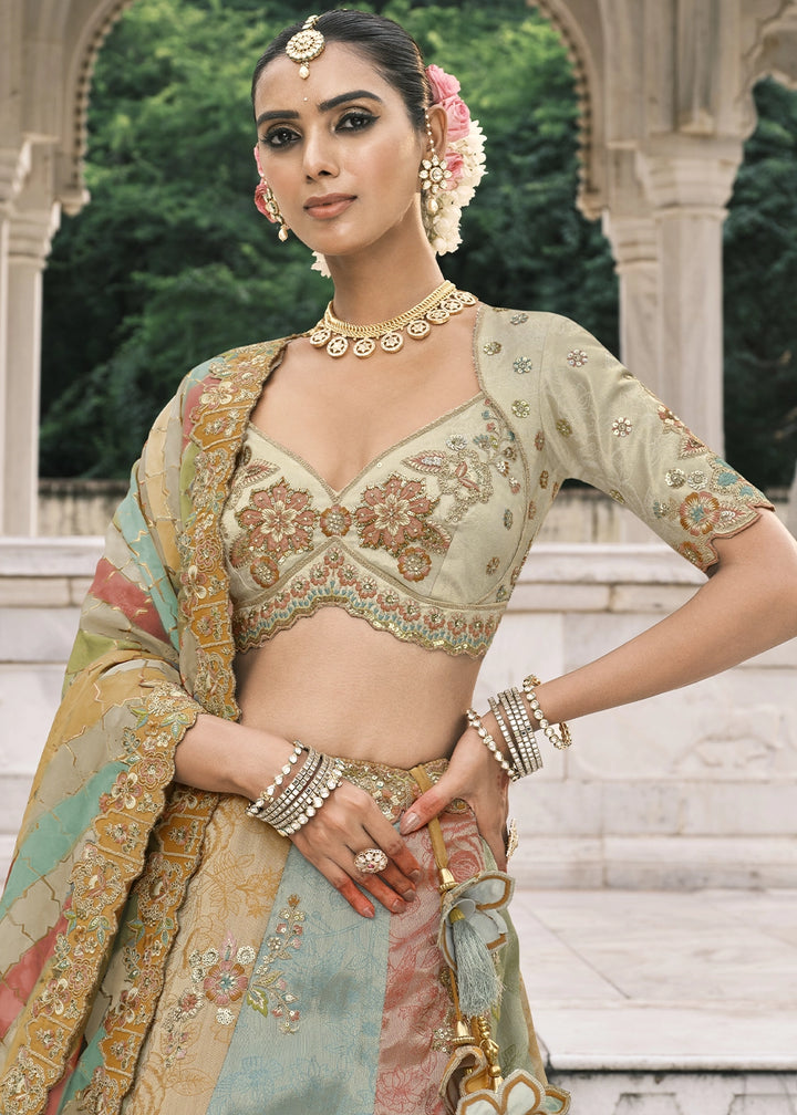 Multicolored Banarasi Silk Lehenga with Stone, Sequins, Mirror & Zari Handwork