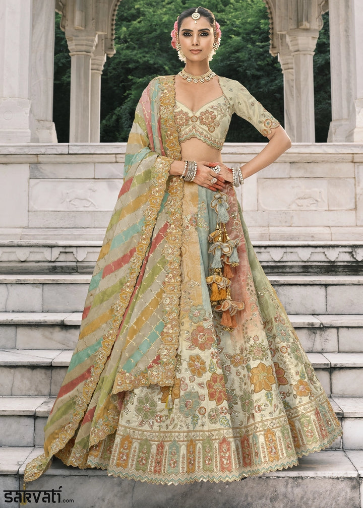 Multicolored Banarasi Silk Lehenga with Stone, Sequins, Mirror & Zari Handwork