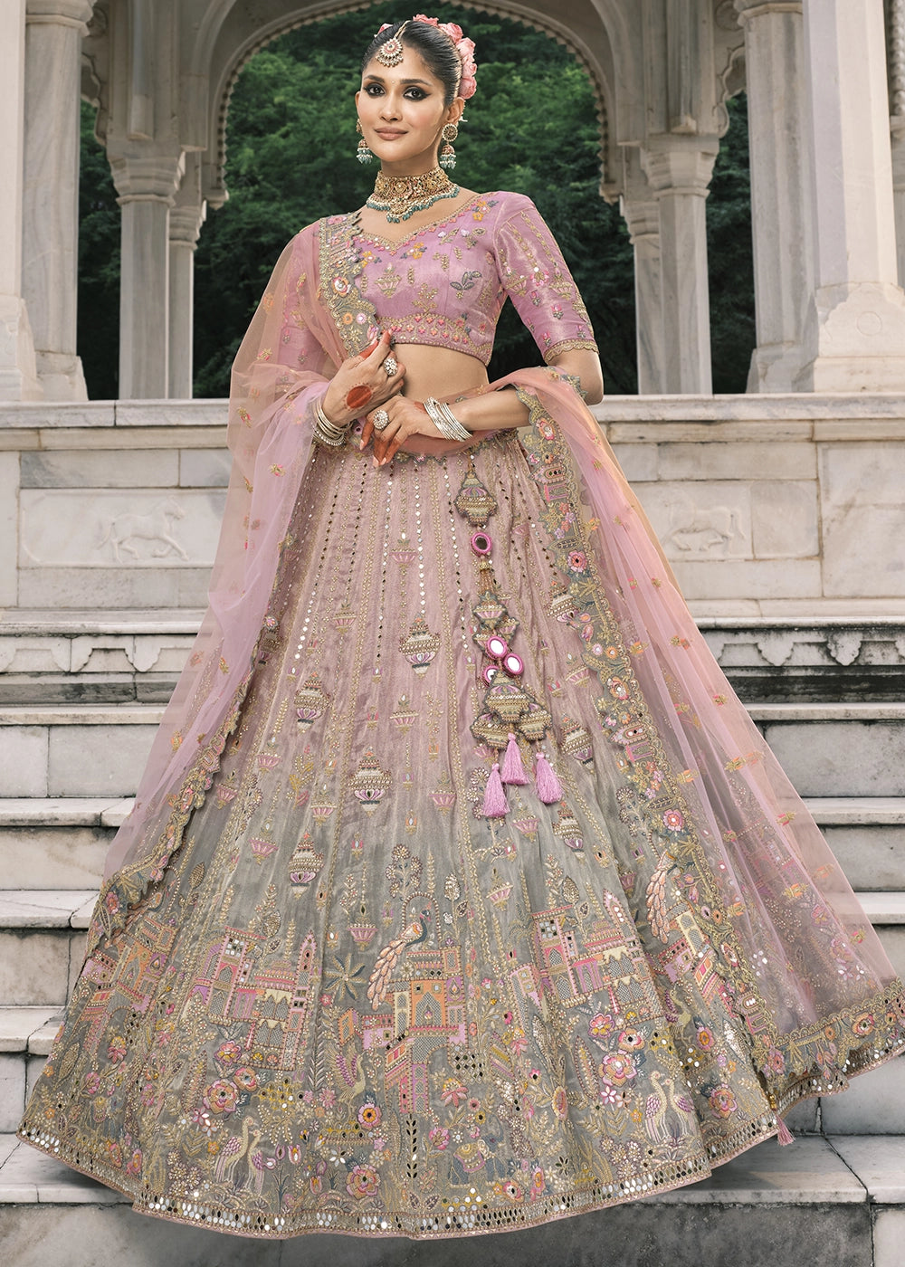 Shades Of Pink Banarasi Silk Lehenga with Stone, Sequins, Mirror & Zari Handwork