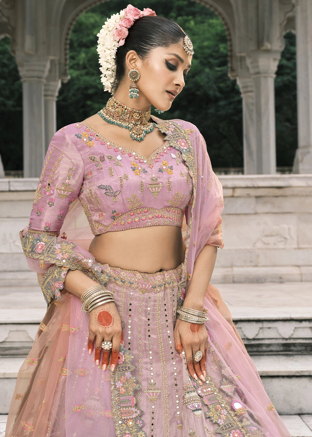 Shades Of Pink Banarasi Silk Lehenga with Stone, Sequins, Mirror & Zari Handwork