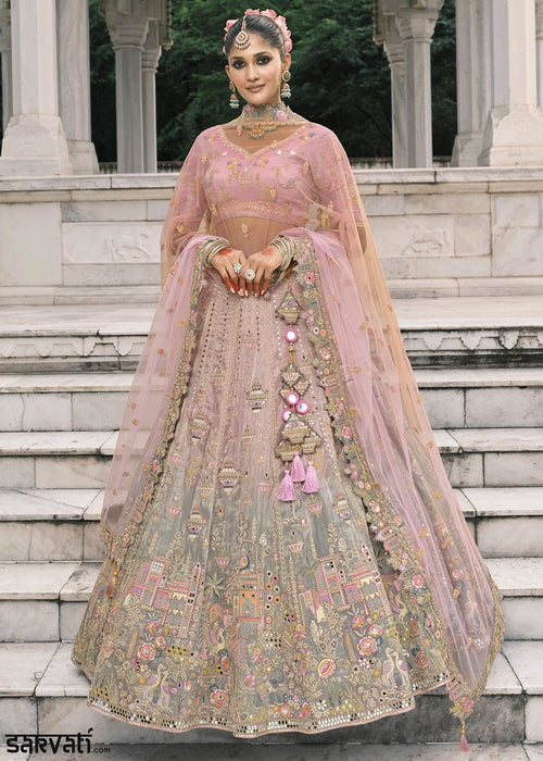 Shades Of Pink Banarasi Silk Lehenga with Stone, Sequins, Mirror & Zari Handwork