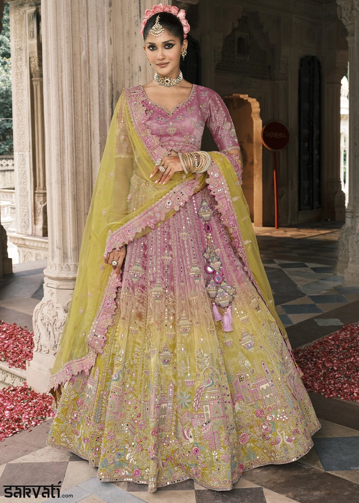 Purple & Green Banarasi Silk Lehenga with Stone, Sequins, Mirror & Zari Handwork