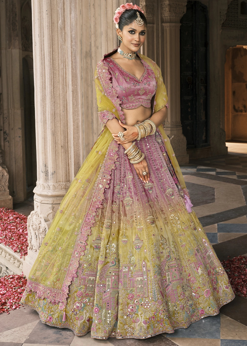 Purple & Green Banarasi Silk Lehenga with Stone, Sequins, Mirror & Zari Handwork