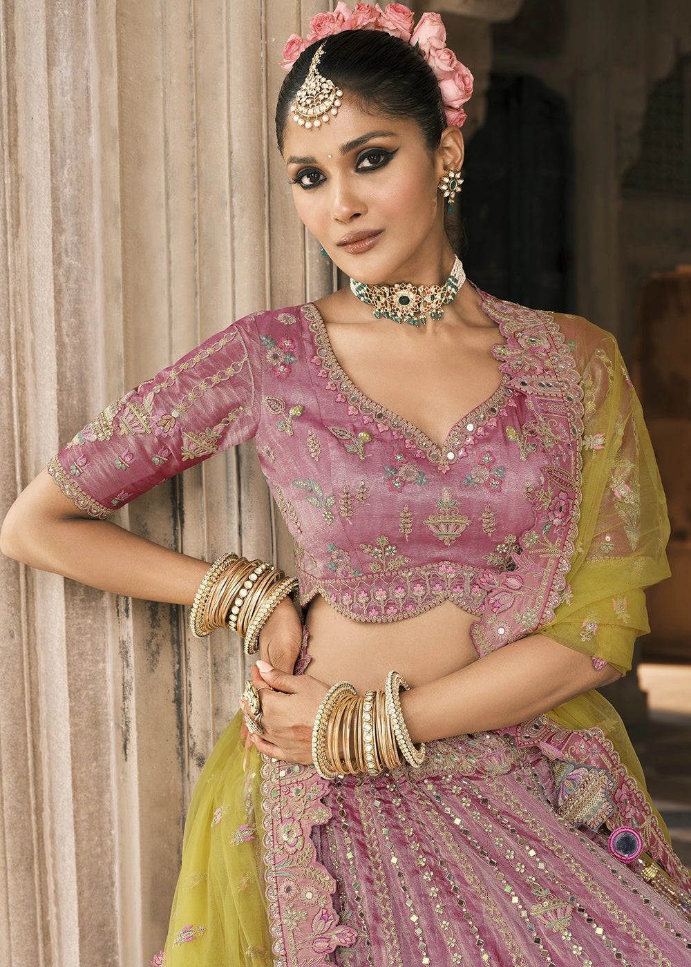 Purple & Green Banarasi Silk Lehenga with Stone, Sequins, Mirror & Zari Handwork