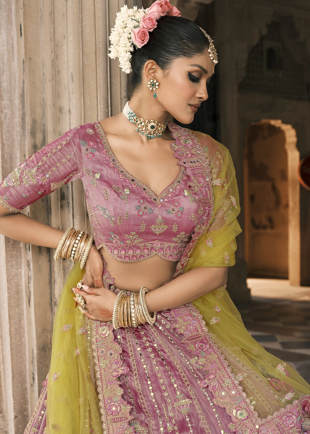 Purple & Green Banarasi Silk Lehenga with Stone, Sequins, Mirror & Zari Handwork