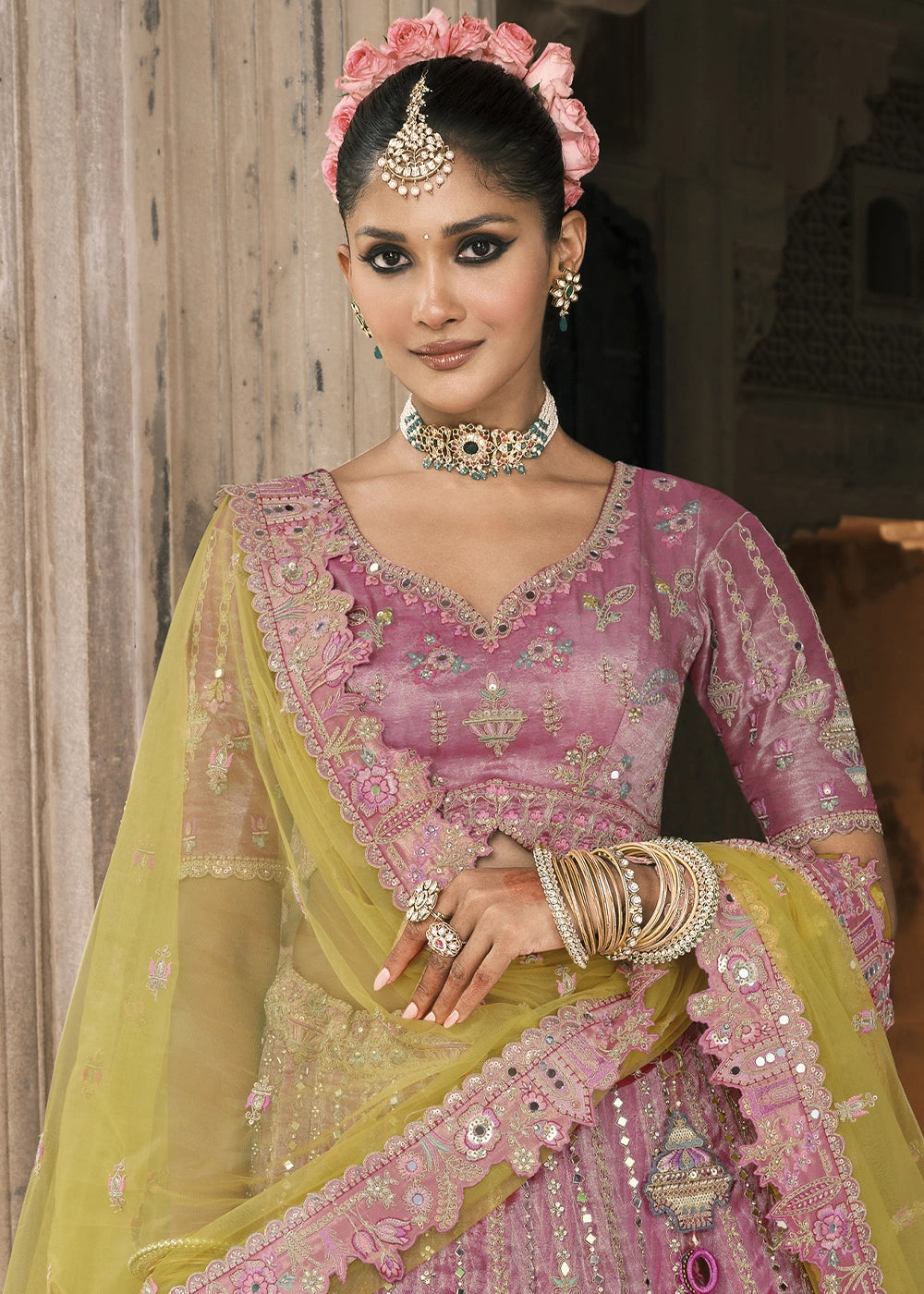 Purple & Green Banarasi Silk Lehenga with Stone, Sequins, Mirror & Zari Handwork