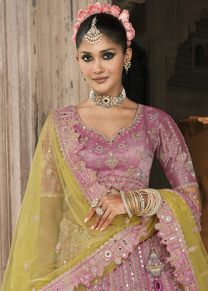 Purple & Green Banarasi Silk Lehenga with Stone, Sequins, Mirror & Zari Handwork