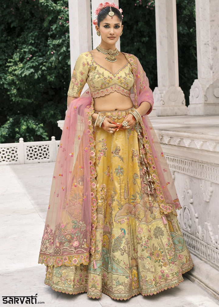 Shades Of Yellow Banarasi Silk Lehenga with Stone, Sequins, Mirror & Zari Handwork