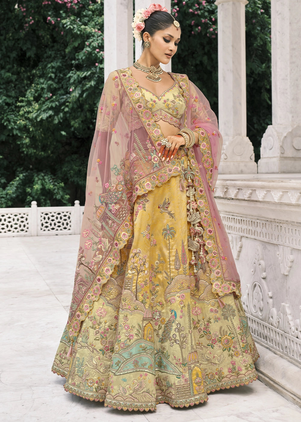 Shades Of Yellow Banarasi Silk Lehenga with Stone, Sequins, Mirror & Zari Handwork