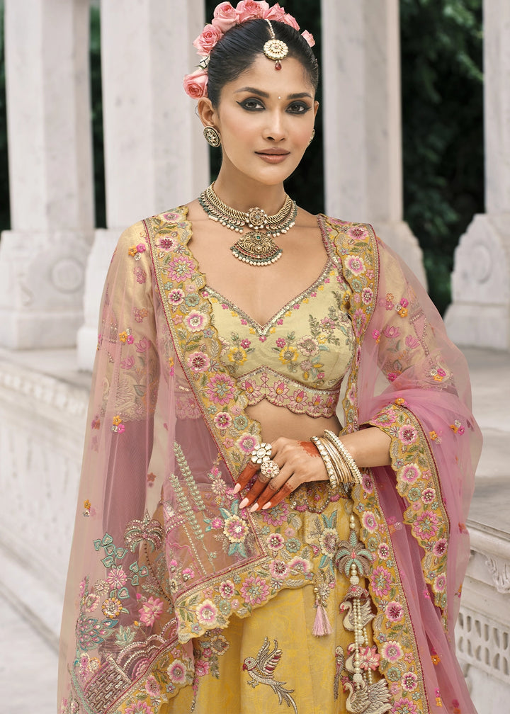 Shades Of Yellow Banarasi Silk Lehenga with Stone, Sequins, Mirror & Zari Handwork