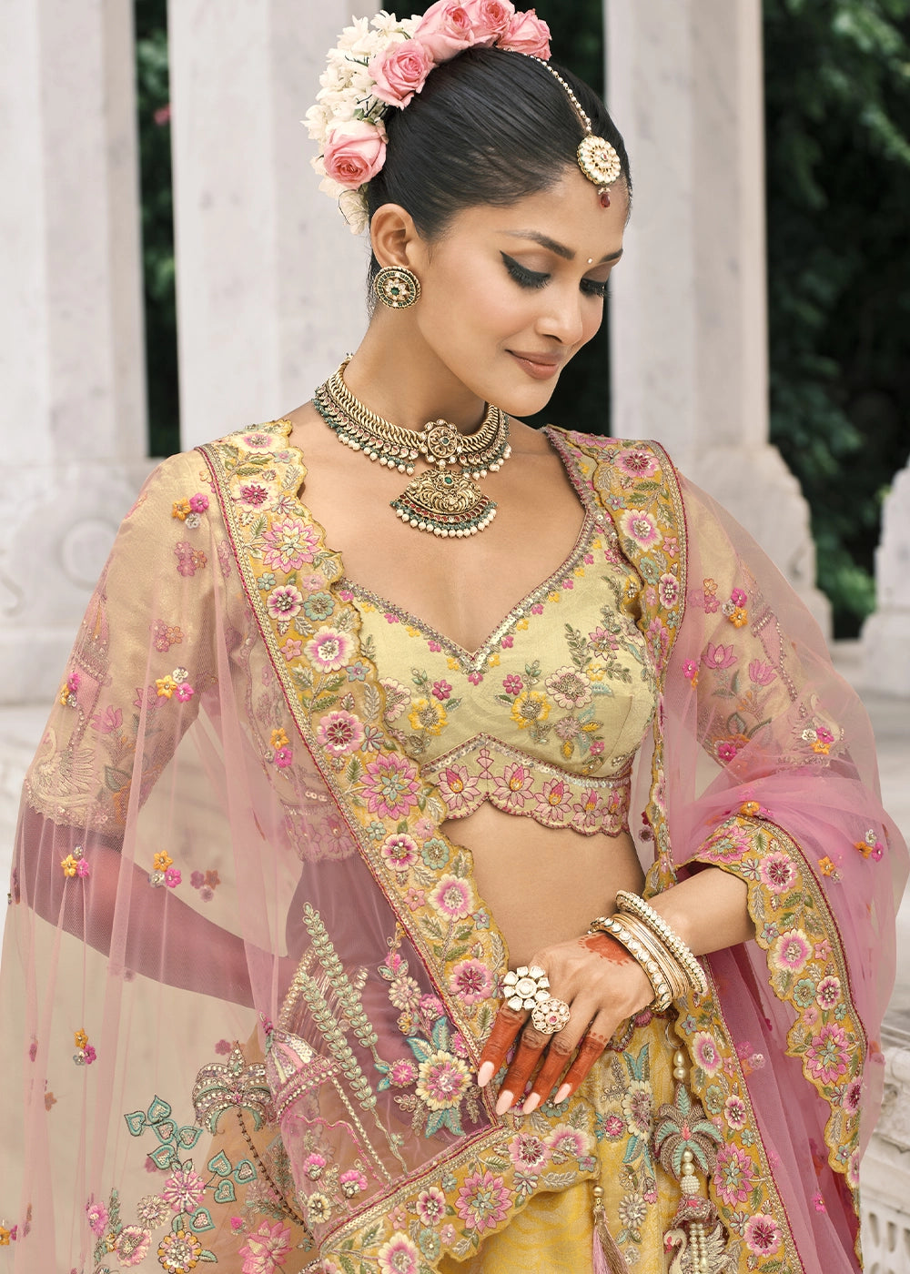 Shades Of Yellow Banarasi Silk Lehenga with Stone, Sequins, Mirror & Zari Handwork
