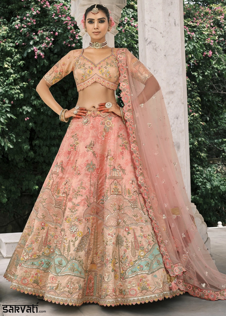 Peach Pink Banarasi Silk Lehenga with Stone, Sequins, Mirror & Zari Handwork