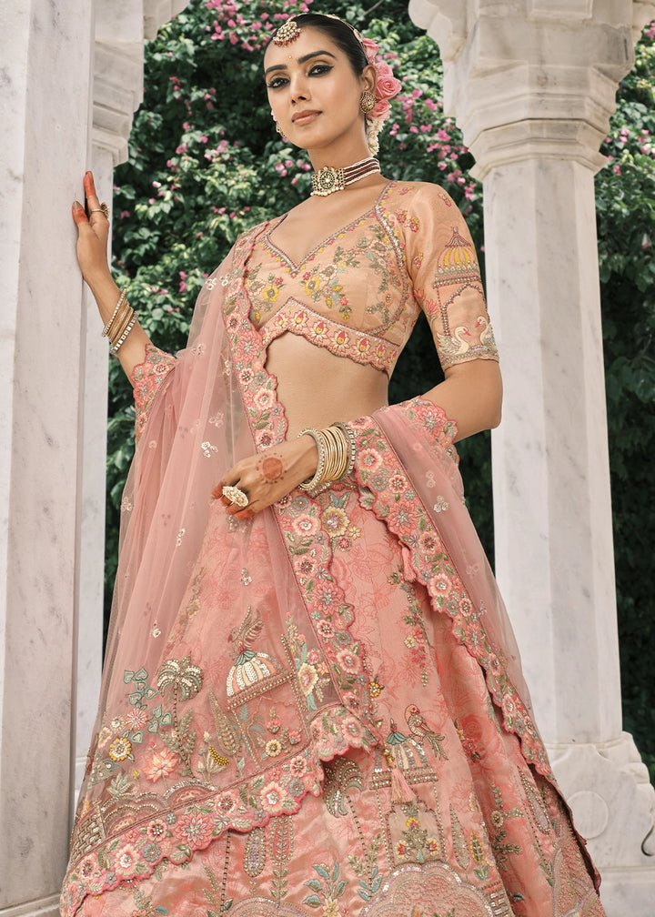Peach Pink Banarasi Silk Lehenga with Stone, Sequins, Mirror & Zari Handwork