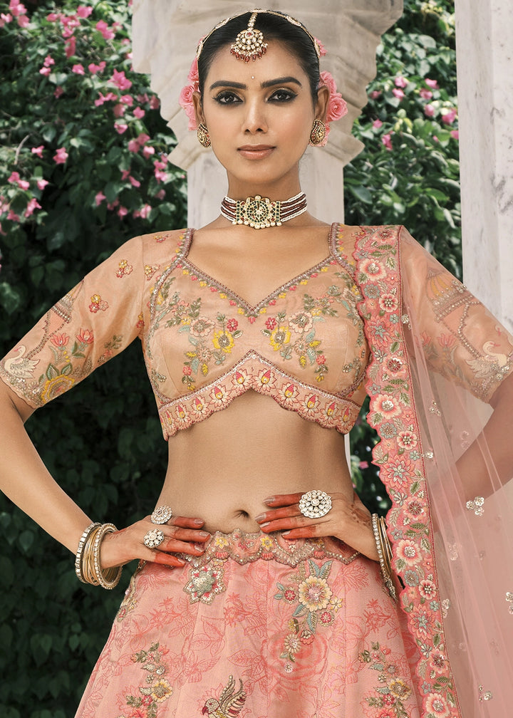 Peach Pink Banarasi Silk Lehenga with Stone, Sequins, Mirror & Zari Handwork