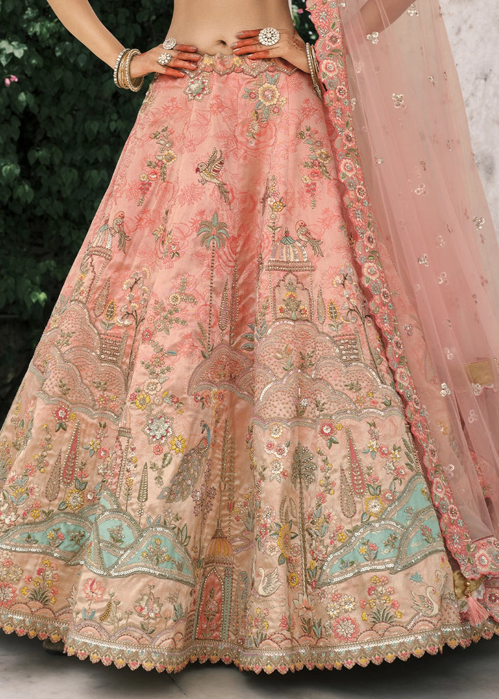 Peach Pink Banarasi Silk Lehenga with Stone, Sequins, Mirror & Zari Handwork