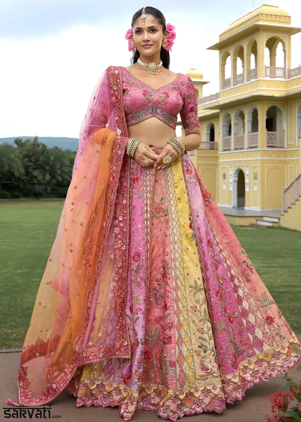 Shades Of Pink Banarasi Silk Lehenga Choli with Stones, Sequins & Heavy Cut Work Border