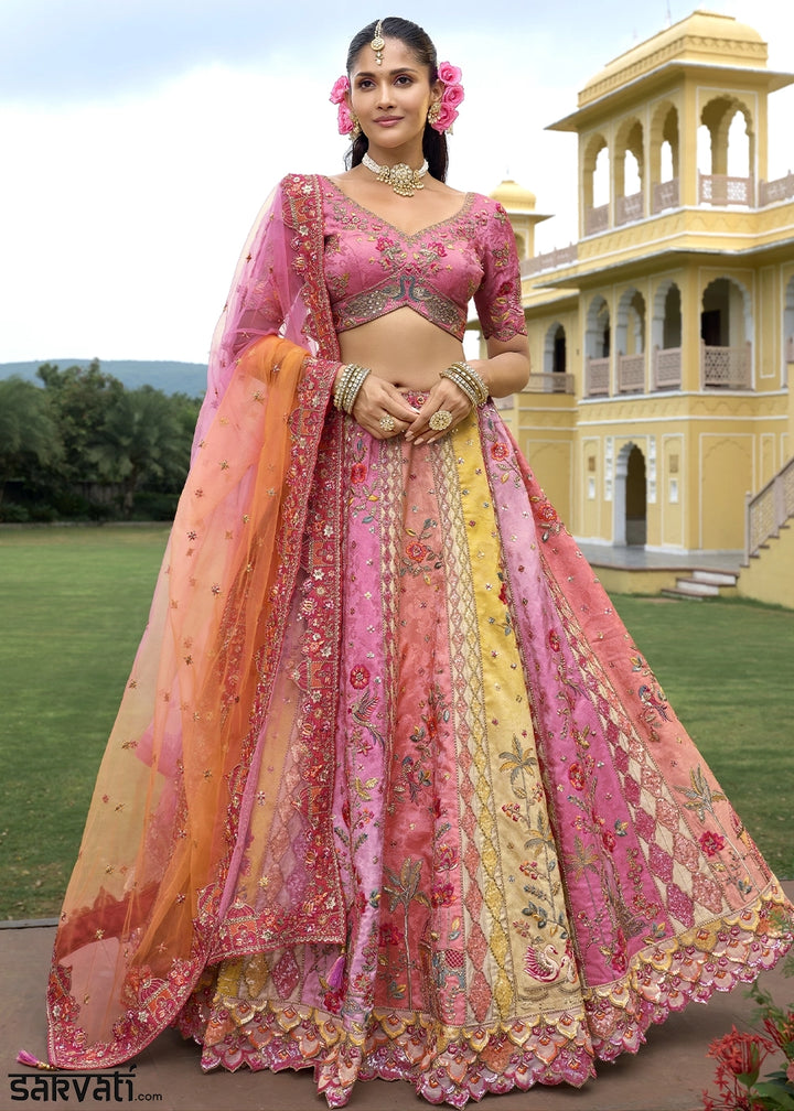 Shades Of Pink Banarasi Silk Lehenga Choli with Stones, Sequins & Heavy Cut Work Border